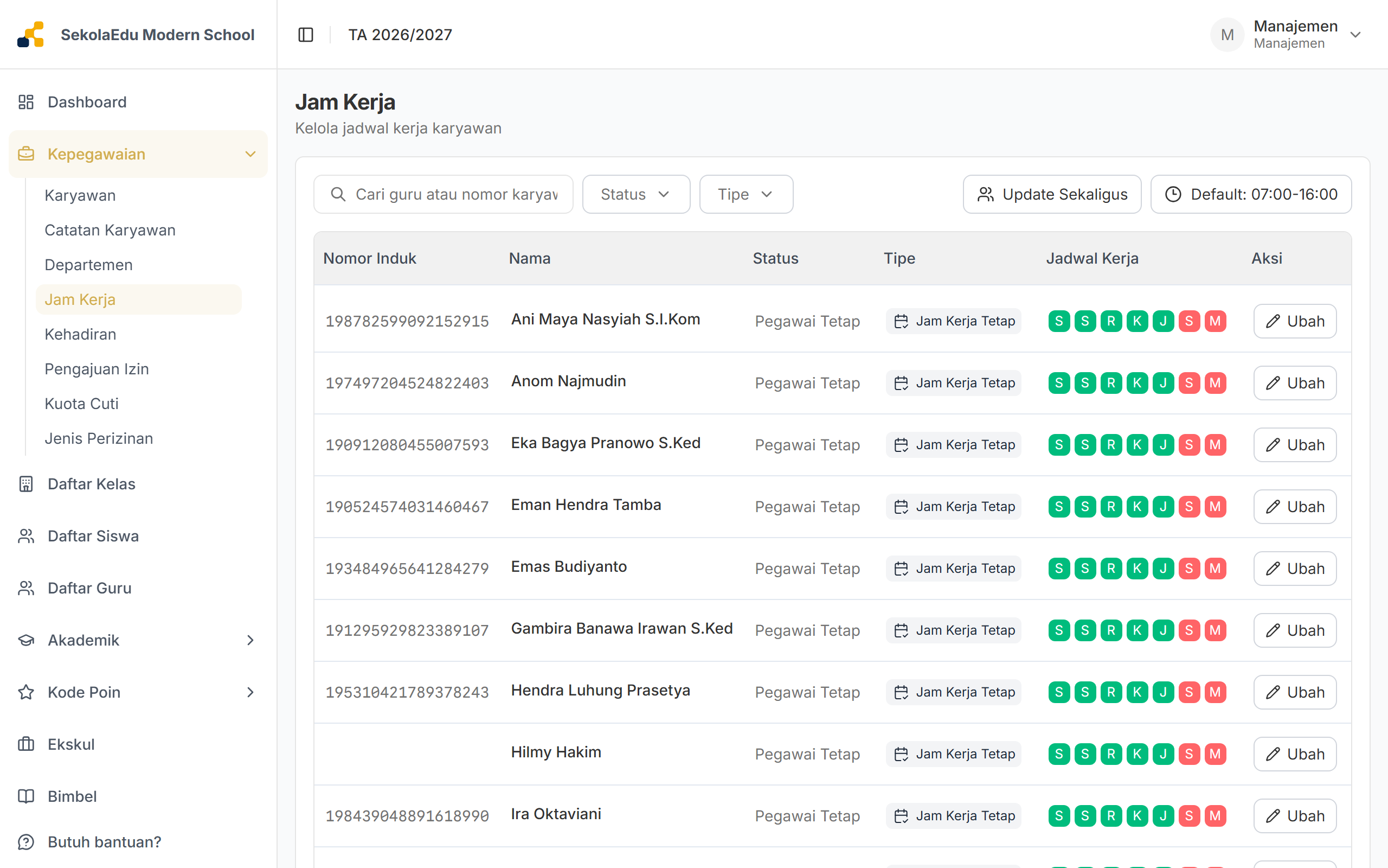 Jadwal jam kerja karyawan dengan status dan tipe jadwal