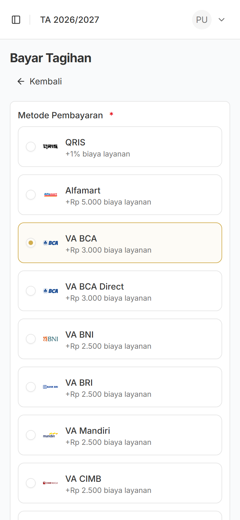 Pilihan metode pembayaran QRIS dan Virtual Account di ponsel orang tua